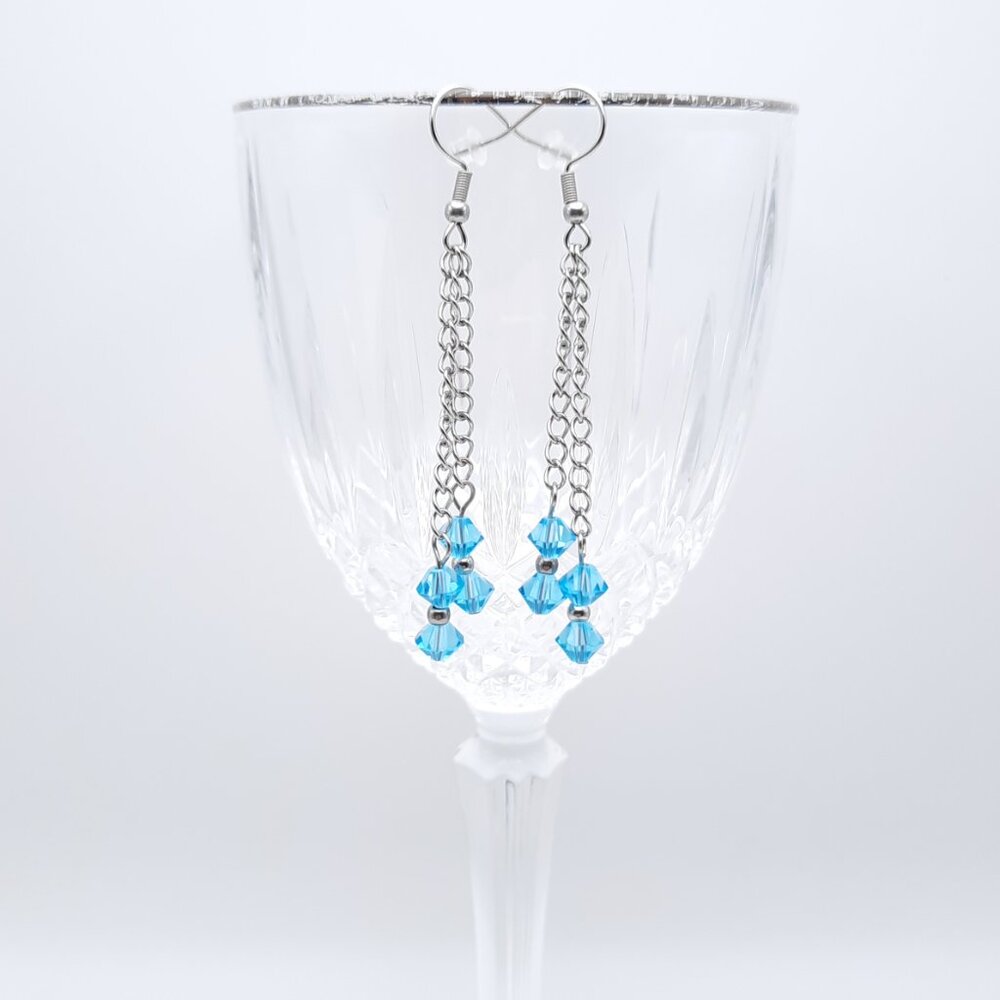 Blue Bicone Dangle Drop Cute Feminine Fairycore Chain Earrings Handmade Jewelry